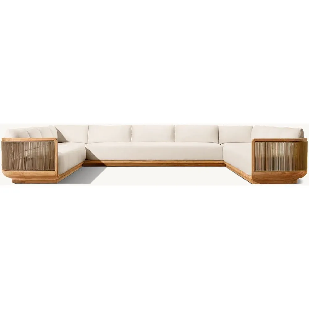 imresizer-Shown in Natural Teak. Cushions shown in Natural Perennials® Performance Textured Linen Weave. Sectional consists of 1 three-seat left-arm sofa, 1 three-seat armless sofa, 1 three