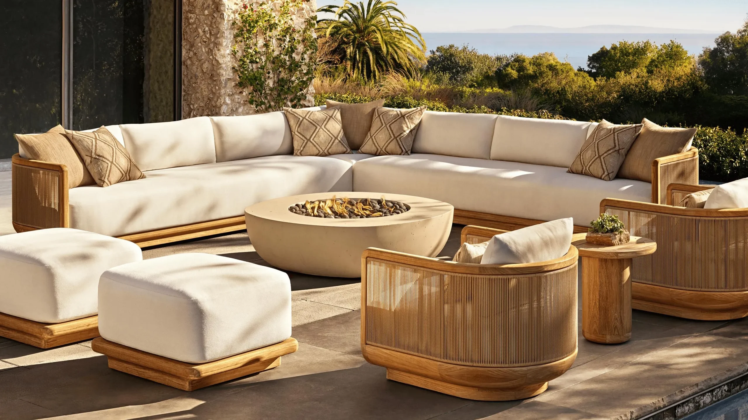 Luxury outdoor sectional sofa on a spacious villa patio